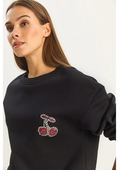 Shade Kadın Bisiklet Yaka Kiraz Taş İşlemeli Üç İplik Şardonlu Sweatshirt 60601047 - Siyah