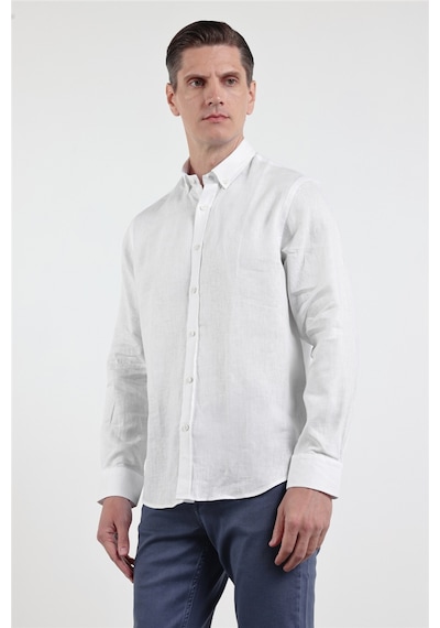 İmza Beyaz Keten Düğmeli Yaka Uzun Kol Cepsiz Slim Fit Keten Gömlek 1004260161 M