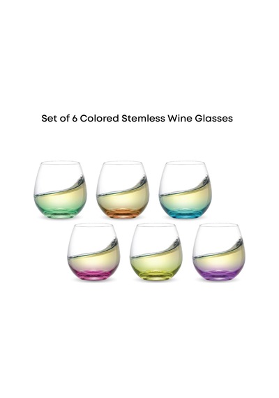 Hue Stemless Şarap Kadehi Seti. Büyük, 15 Oz, Sapsız, 6'li Set Beyaz Şarap, Kırmızı Şarap, Su, Köksüz Margarita Bardakları İçin Kısa Şarap Bardakları, Renkli Çok Renkli