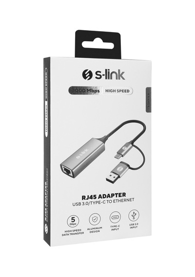 S-link Swv-usbc029 Gri Metal Type-c + Usb3.0 Çeviricili 10/100/1000mbps Adaptör, Usb3.0 Ethernet Çevirici, Type C Ethernet Çevirici