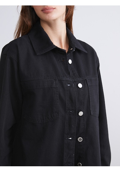 Lcwaıkıkı Classic Siyah Gömlek Yaka Oversize Kadın Jean Ceket