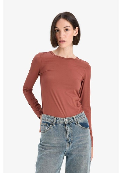 Defacto Slim Fit Dar Kesim Bisiklet Yaka Basic Düz Uzun Kollu Tişört D3756ax25aubr228 Bordo