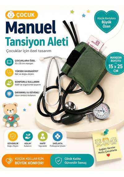 Profesyonel Çocuk Tansiyon Aleti 15x25 Cm Cırt Cırtlı Manşon I Çocuk Manuel Tansiyon Aleti 15x25 Cm Manşonlu Stetoskoplu Ölçüm Seti