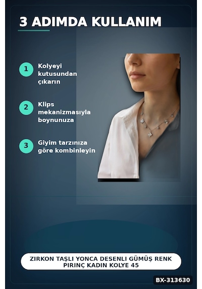 Zirkon Taşlı Yonca Desenli Gümüş Renk Pirinç Kadın Kolye 45 Cm Zincirli Bx-313630 001 - Beyaz
