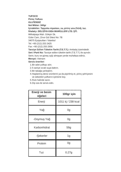 Tufoco Pirinç Yufkası 340 G
