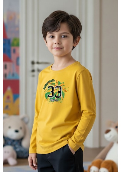 Fyk Kids Sıfır Yaka Basketball Baskılı Erkek Çocuk Sweatshirt Sari