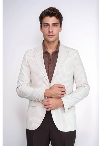 Ekru Çizgili Keten Dokulu Gold Renk Metal Düğmeli Slim Fit Erkek Blazer Ceket Wessi Cream
