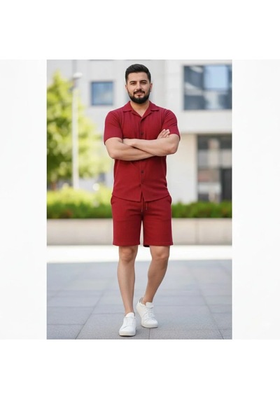 Efnaz Style Erkek Waffle Kumaş Kısa Kollu Gömlek Şort Takım Regular Fit Yazlık İkili Set - Bordo