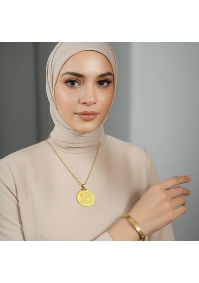 Çoklu Dua Kolye Ve Ayetel Kürsi Bileklik Seti Gold Çelik Şık Takı Seti Altın