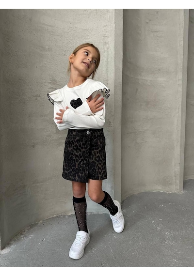 Bellamio Kids Leoparlı Şort Etekli Kız Çocuk Takımı Ekru - Siyah