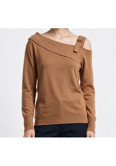Vedi Kadın Asimetrik Yaka Piliseli Detaylı Uzun Kollu Triko Bluz Camel