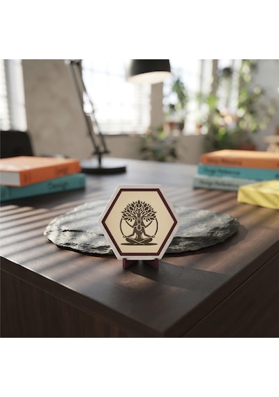 Hayat Ağacı Ve Meditasyon Figürlü Estetik Masaüstü Aksesuarı Ofis Ve Çalışma Alanları İçin Modern Ürün 10x10 Cm, Pudra