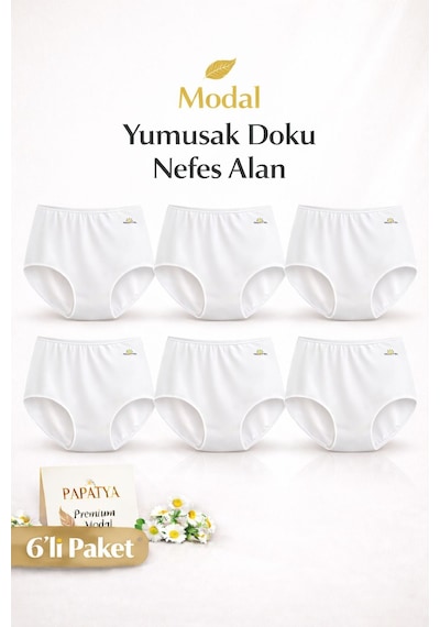Papatya 1851 Premium Yüksek Bel Modal Külot 6 Lı Paket Konforlu & Toparlayıcı Beyaz