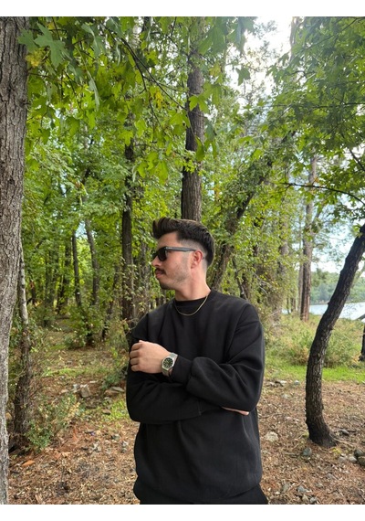 Erkek Oversize Bisiklet Yaka Basic Sweatshirt SIYAH