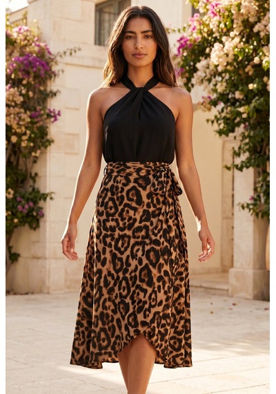 Soulshae Leopar Desenli Asimetrik Midi Etek