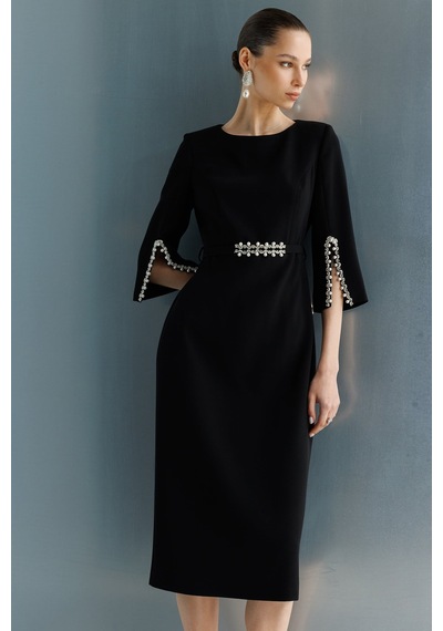 Moda İlgi Kadın Kolları Yırtmaçlı İncili Aksesuarlı Beli Kemerli Elbise 0031 Siyah