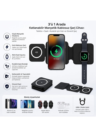 Tr Kablosuz Şarj Standı 3 İn 1 Kablosuz Şarj Cihazı