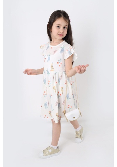 Aden Kids Kız Çocuk Kuçük Çiçek Desenli Krep Kumaş Elbise Çanta Hediyeli - 2-8 Yaş, Günlük Ve Bayramlık Açık Sarı