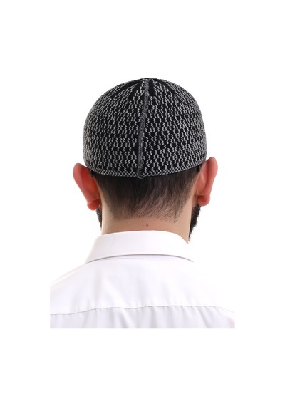 Gri Orlon Kışlık Namaz Takkesi Baklava Desenli Takke