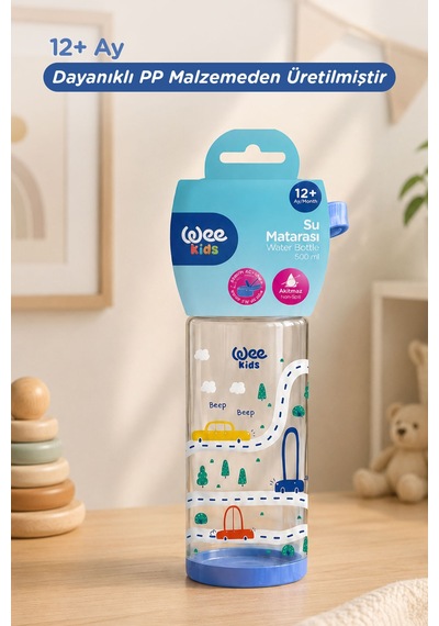 Wee Kids Arabalı Pipetli Çocuk Matarası Okul Ve Kreş Suluğu 500 Ml 12+ Ay Mavi