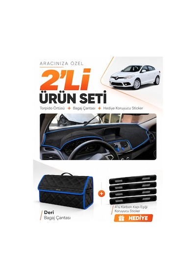 E-biz Renault Fluence Büyük Ekranlı 2009-2016 Uyumlu Torpido + Deri Çanta - Siyah-mavi - Re023