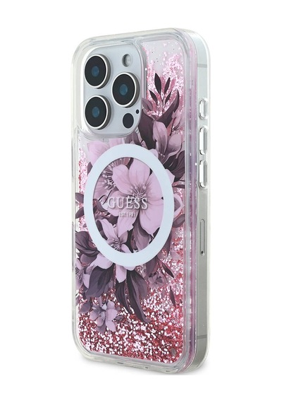 Apple iPhone 16 Pro Max Uyumlu Kılıf Guess Lisans Magsafe Özellik Sıvılı Simli Çiçek Desenli Pembe