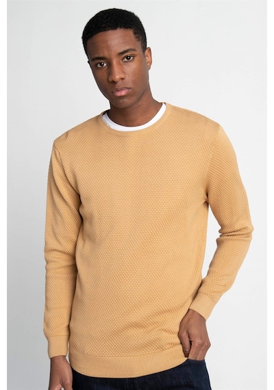 Tudors Erkek Slim Fit Dar Kesim Bisiklet Yaka Petek Desenli Sarı Bej Triko Kazak-25879 Bej