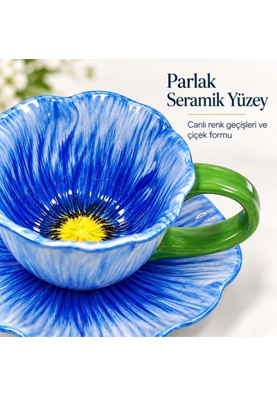 Tr Gelincik Serisi Çiçek Tasarımlı Fincan Ve Tabak Seti 350 Ml Dekoratif Kahve Çay Fincanı Mavi Diğer