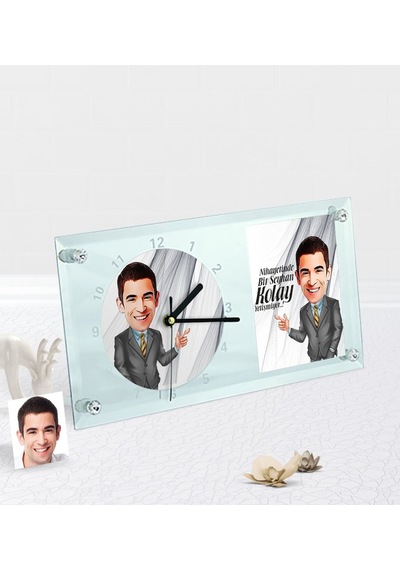 Kişiye Özel Bay Kolay Yetişmiyor Karikatürlü Masaüstü Cam Saat - (422254014)