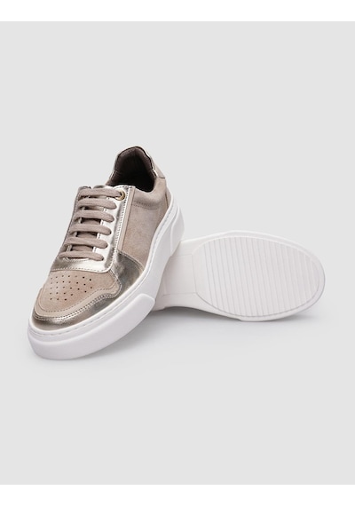%100 Hakiki Deri Bej Bağcıklı Kadın Sneaker Bej