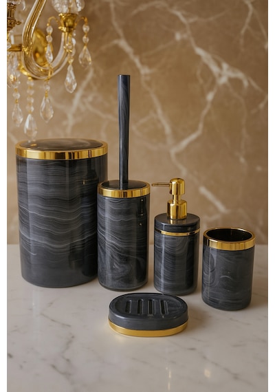 Makri Home Banyo Seti 5'li,akrilik-çöpkovası,wc Fırçalık,sıvı Sabunluk,diş Fırçalık,el Sabunluk,gold Renk Detay Gri