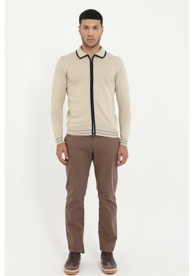 Dufy Erkek Regular Fit Polo Yaka Bej Fermuarlı Hırka-19549