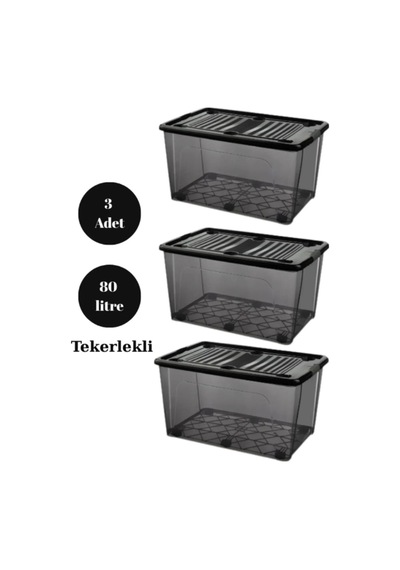 Tekerlekli Saklama Kutusu Düzenleyici 80 Lt Saklama Kabı 3 Adet Çok Amaçlı Saklama Siyah