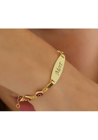 Queen Silver Jewelry 925 Ayar Gümüş Kırmızı Göz Boncuklu Çocuk Künye İsim Yazılı Altın