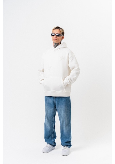 Respire Erkek Süzene Nakış Detaylı Kapüşonlu Oversize Hoodie Ekru