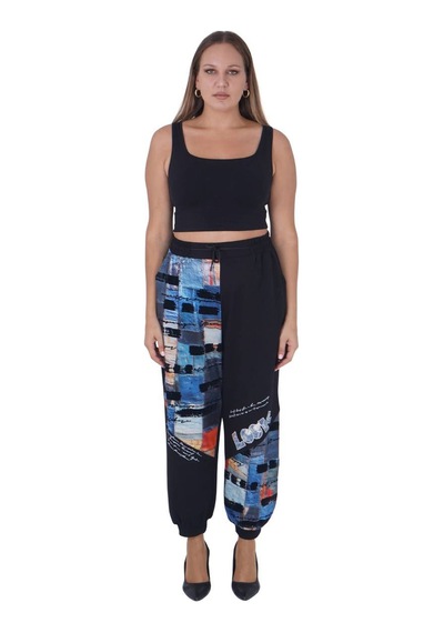 Büyük Beden Payetli Yazılı Bluz Pantalon Alt Üst İkili Viskon Takım Siyah