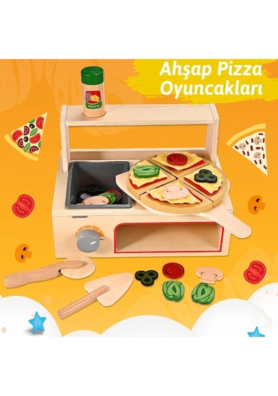 Limon Dekor 50 Parça Ahşap Oyuncak Pizza Fırını Oyun Seti - Eğitici Mutfak Evcilik Oyuncakları