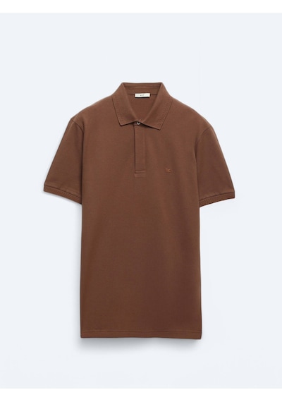 Kip Kahverengi Düz Polo Yaka %100 Pamuk T-shirt Kahverengi