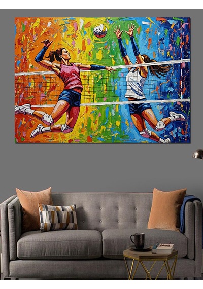 Kadınlar Voleybol Maçı Smaç Ve Blok Dekoratif Kanvas - Mdf Ahşap Tablo