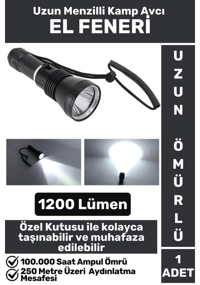 Premium Seri Uzun Ömürlü Kamp Avcı Deprem Uzun Menzilli Şarjlı Beyaz Işık 1200 Lümen El Feneri Çok Renkli