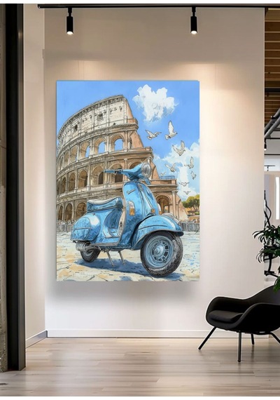 Roma Kolezyum Ve Mavi Vespa Çizim Tasarımlı Kanvas Tablo, Retro İtalya Seyahat Temalı