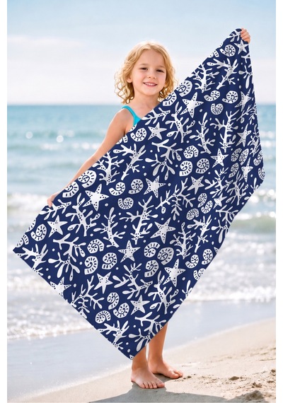 Deniz Yıldızı Mercan Temalı Plaj Havlusu - Marine Lacivert Beyaz Hızlı Kuruyan Mikrofiber Havlu Kül Tozu