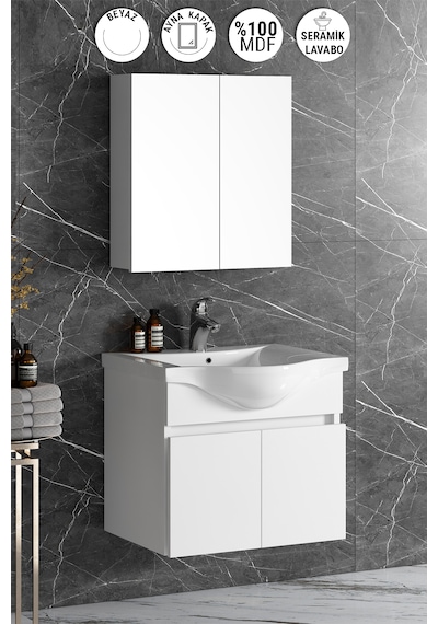 Yıldız 55 Cm Beyaz Mdf Seramik Lavabolu Asma Banyo Dolabı Takımı Beyaz