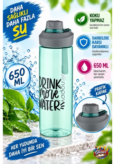 Şeffaf Renk 650 Ml Suluk Matara, Ergonomik Kapak 1 Adet Yeşil