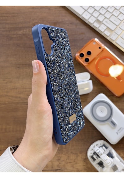 Samsung A07 Uyumlu Kadife İç Yüzey Tasarımlı Taşlı Işıltılı Parlak Pırlanta Kılıf Dia Plus Lacivert