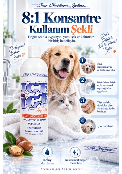 Chris Christensen Ice On Ice 8:1 Konsantre Kıtık Açıcı Kedi Köpek Tüy Kremi Kondisyoner 473 Ml
