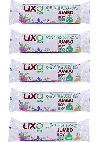 Lixo J-500 Jumbo Boy Çöp Torbası 80 x 110 CM 10'lu Rulo 5 Paket 50 Adet