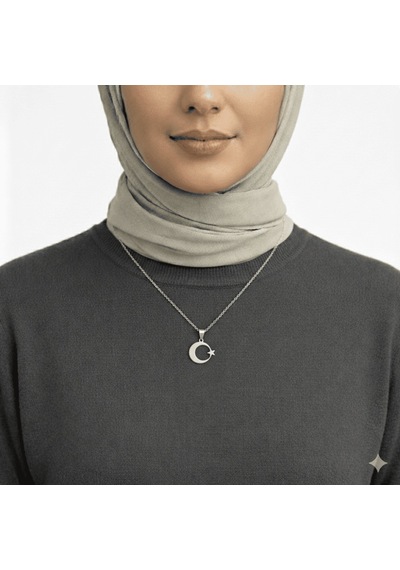 Tesbihane Kadın Çelik Kolye - Kişiye Özel - Gümüş Renk - Ayyıldız Tasarım - 45 Cm