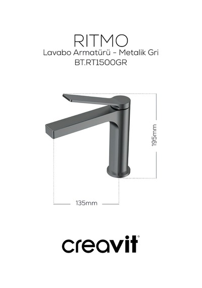 Creavit Ritmo Metalik Lavabo Banyo Eviye Bataryası 3'lü Set RT1500GR-RT2500GR-RT8500GR Gri