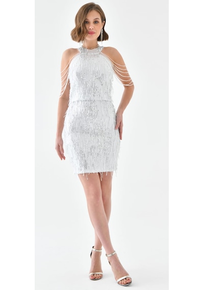 Hanife Glam Couture Hanife Glam Halter Yaka Taş Tasarımlı Saçaklı Pul Payet Mini Elbise Gümüş